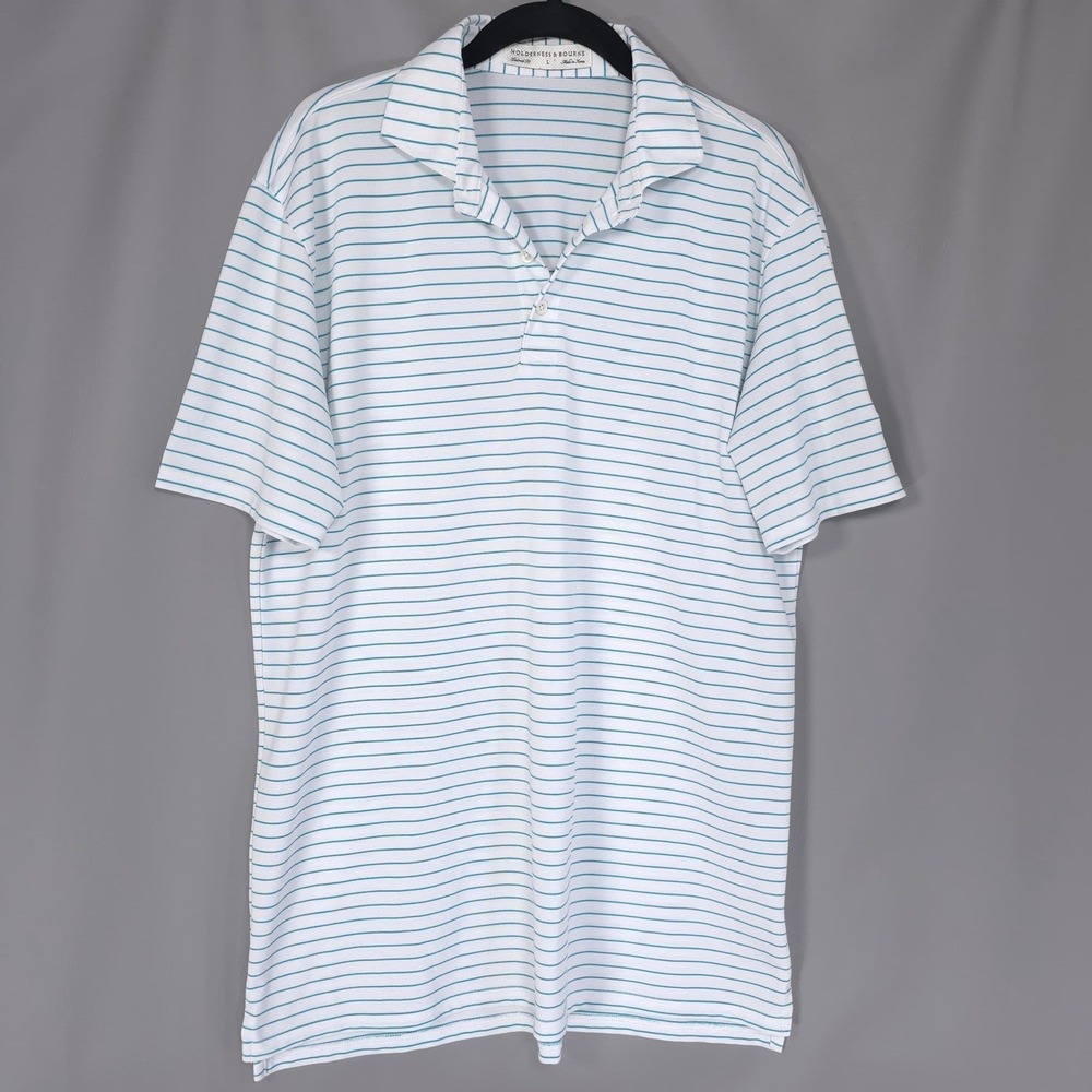 HOLDERNESS BOURNE Men's Polo Shirt LARGE Green Striped Tailored Fit Performance - Picture 4 of 9